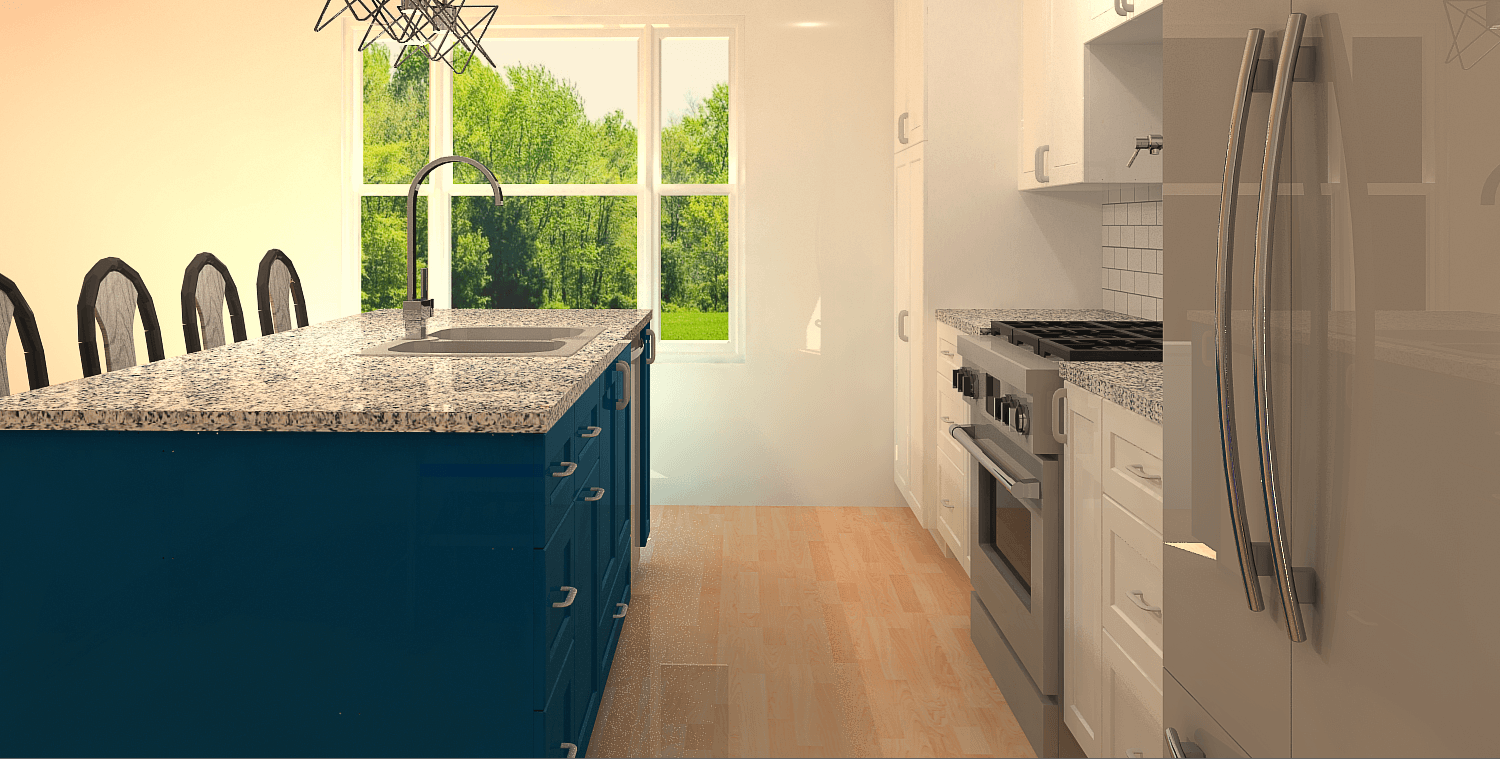 Kitchen with blue island and granite countertop, stainless steel appliances, and a window overlooking trees.