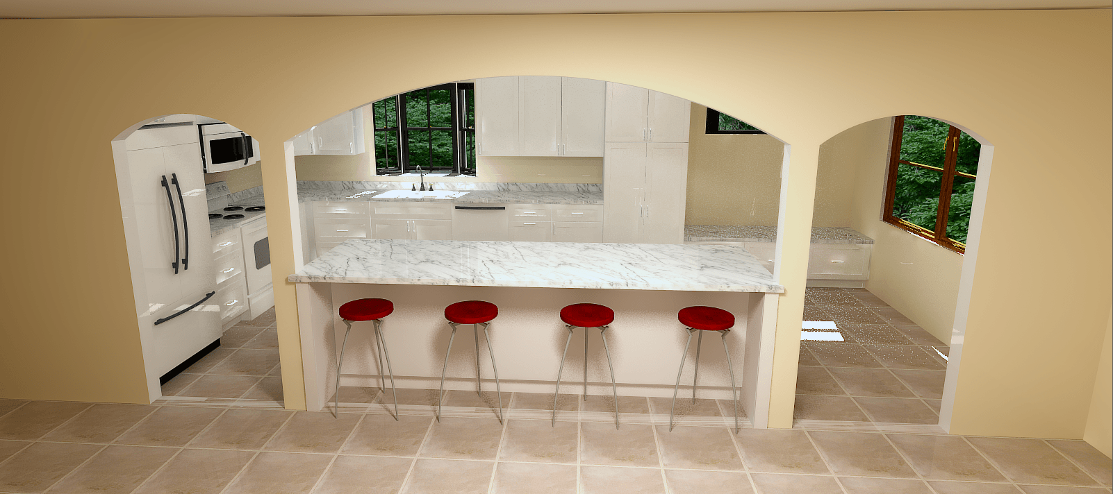Kitchen with a countertop, red bar stools, and archways. White appliances and green trees outside a window.