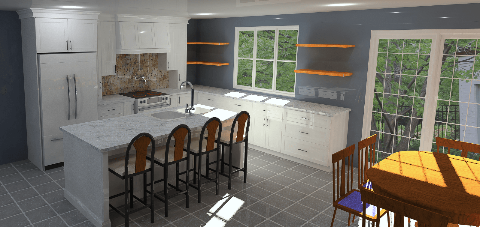 A modern kitchen with white cabinets, a large island, and a dining table with chairs.