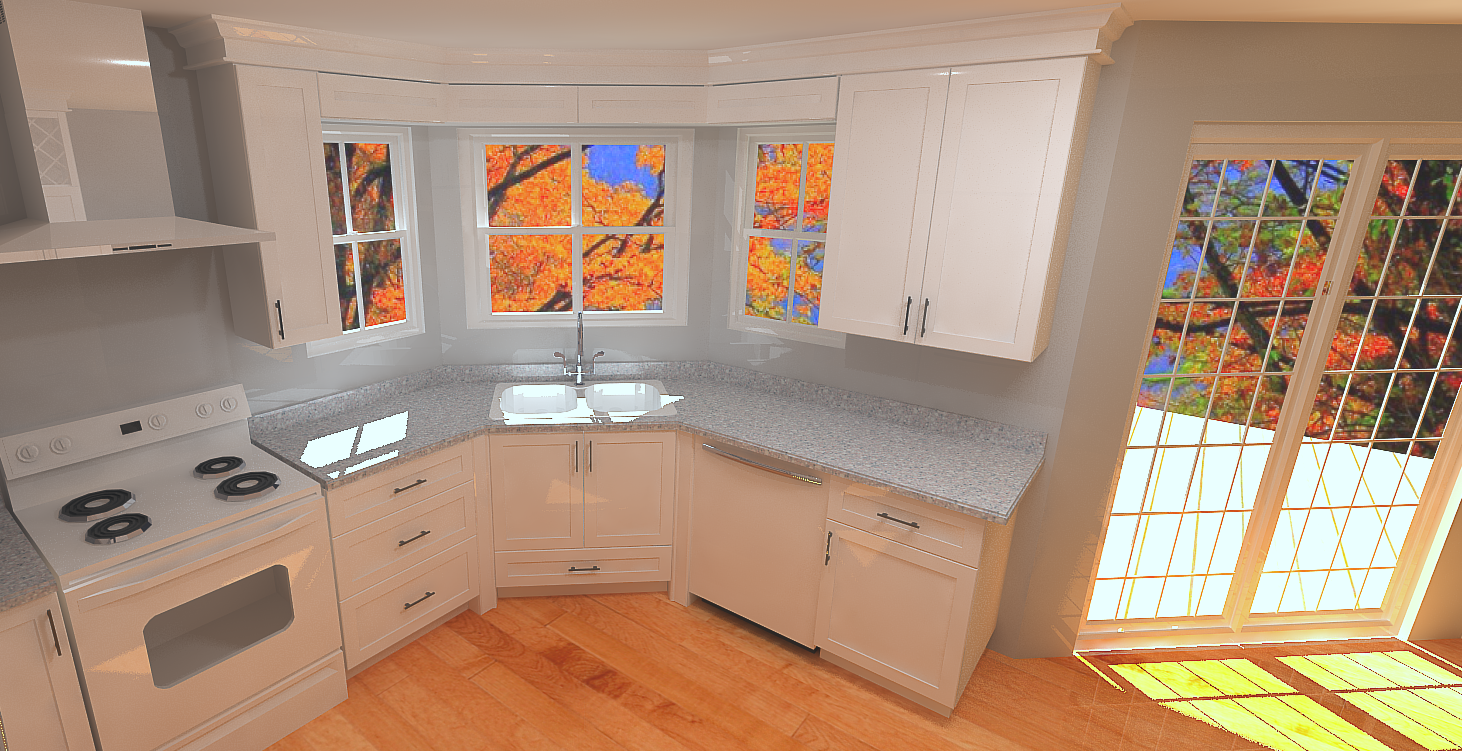 White kitchen with a window overlooking fall foliage.