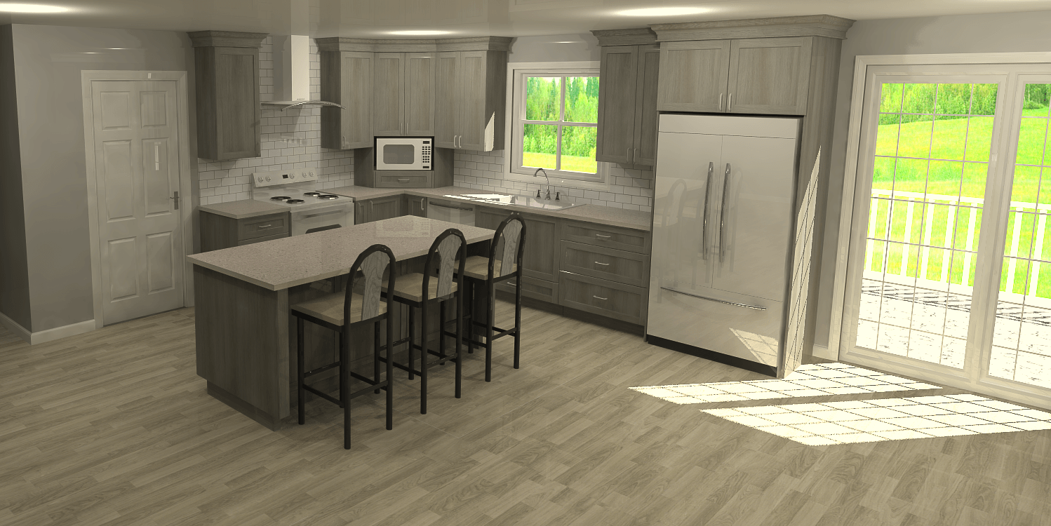 Kitchen with gray cabinets, island with stools, and sliding glass door to outside.