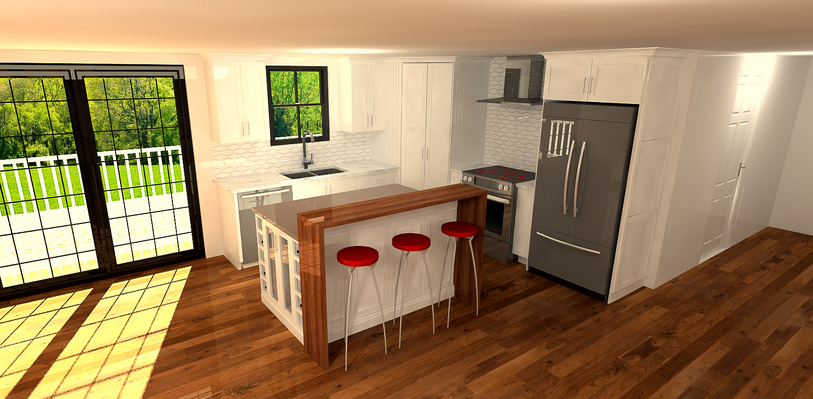 Kitchen interior with a bar, red stools, and large windows.