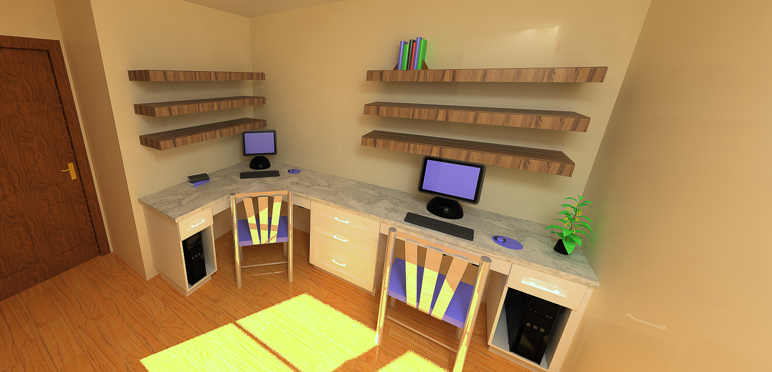 A home office corner with two desks, computers, and chairs. Wooden shelves, tan walls, and a door are visible.
