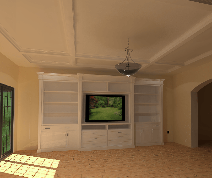 Living room with built-in entertainment center, TV, and chandelier. Sunlit floor, neutral tones.