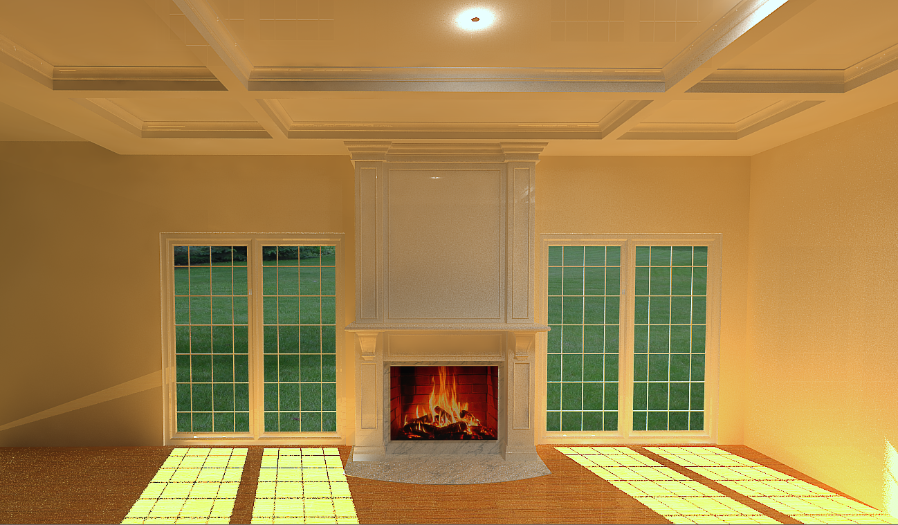 A room with a fireplace between two windows. Sunlight streams through the windows onto the floor.