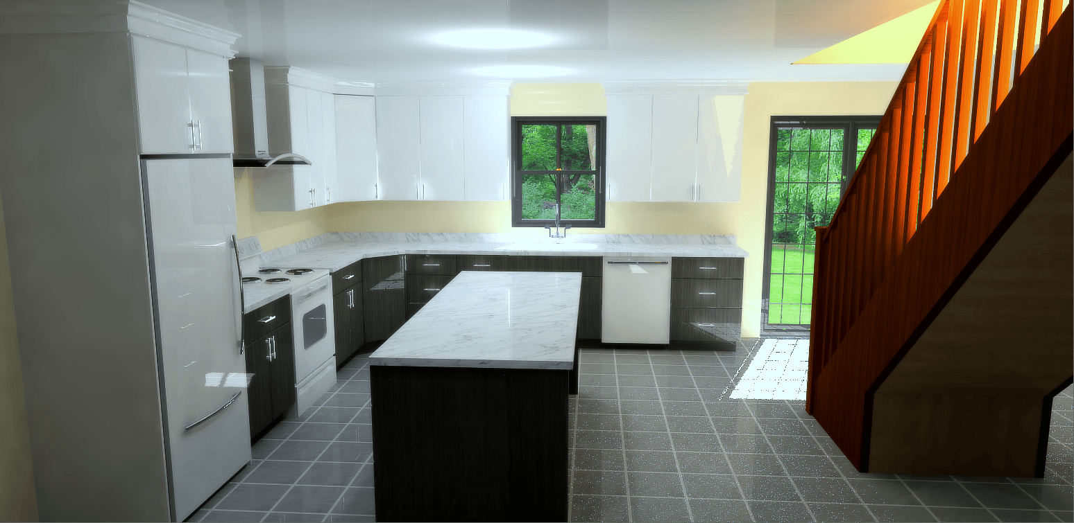 Kitchen with white cabinets, dark island, wooden stairs, and a window.