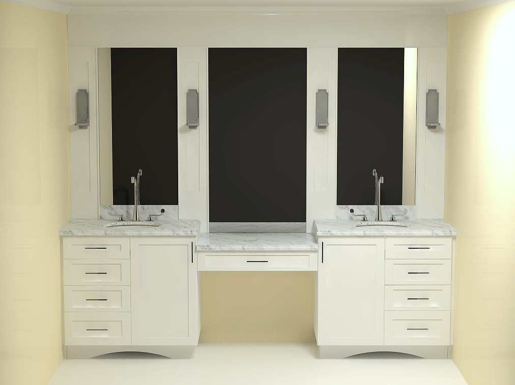 Bathroom with white cabinets, marble countertops, and three mirrors with vanity lights.