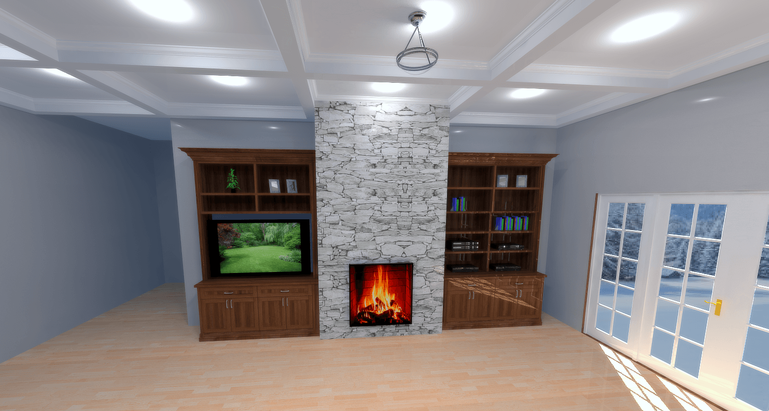Living room with fireplace, TV, built-in bookshelves, and glass doors.