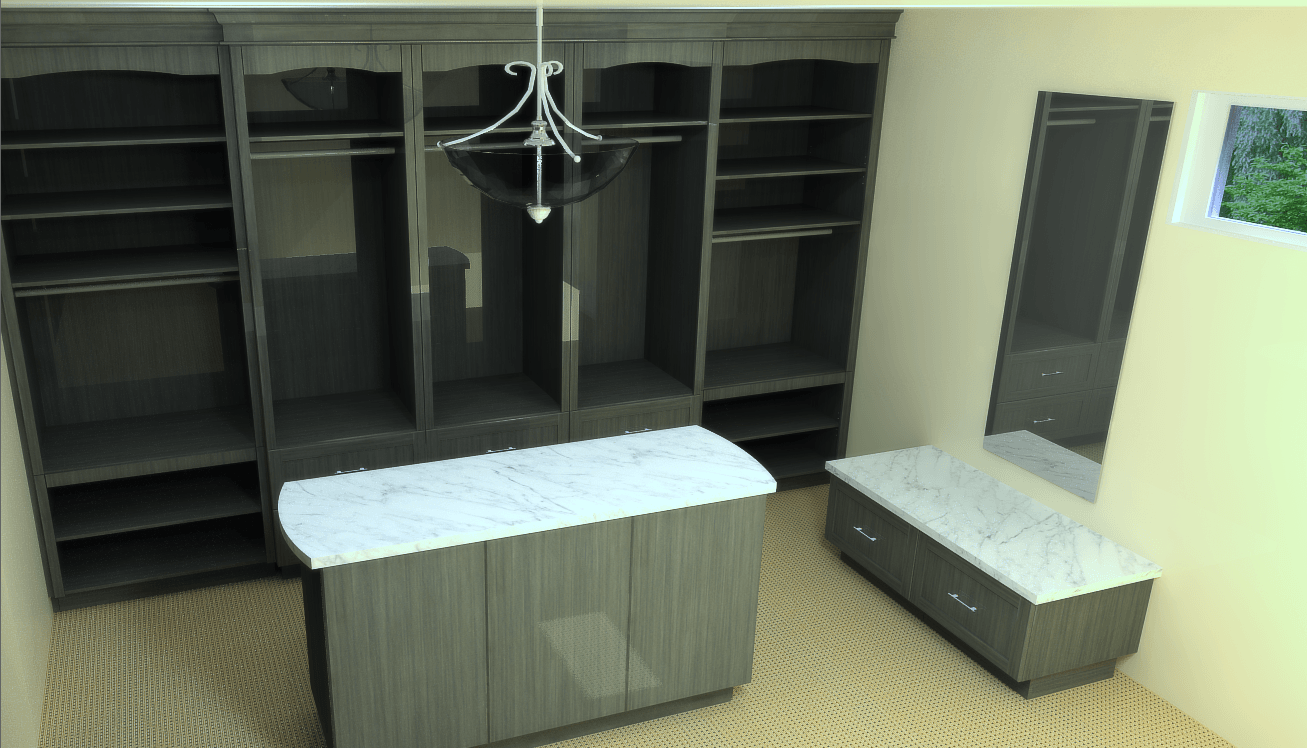 Walk-in closet with gray cabinets, marble countertops, a central island, and a bench.