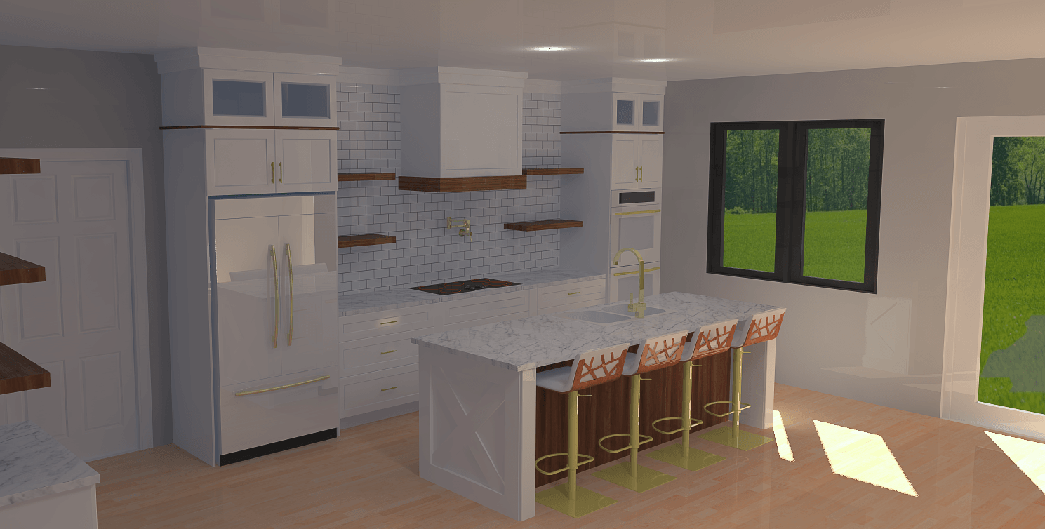 Modern white kitchen with island, wood accents, and bar stools. Large windows with green outside.