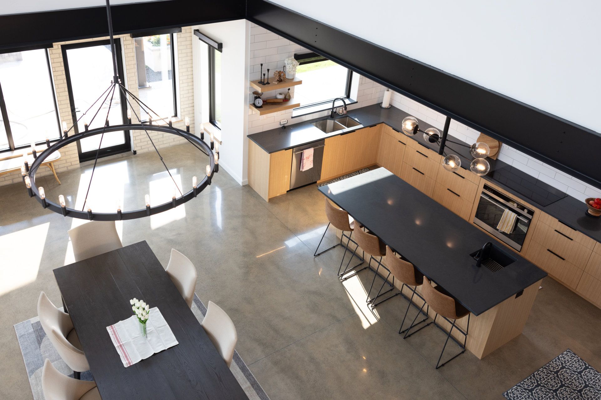 An aerial view of a kitchen and dining room