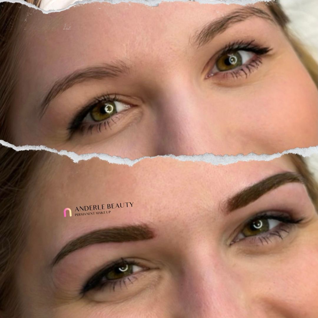 Ein Vorher-Nachher-Bild der Augenbrauen einer Frau