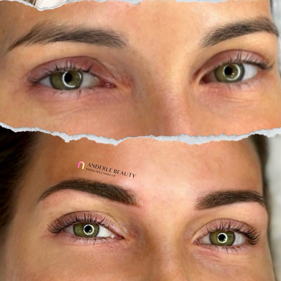 Ein Vorher-Nachher-Bild der Augenbrauen einer Frau