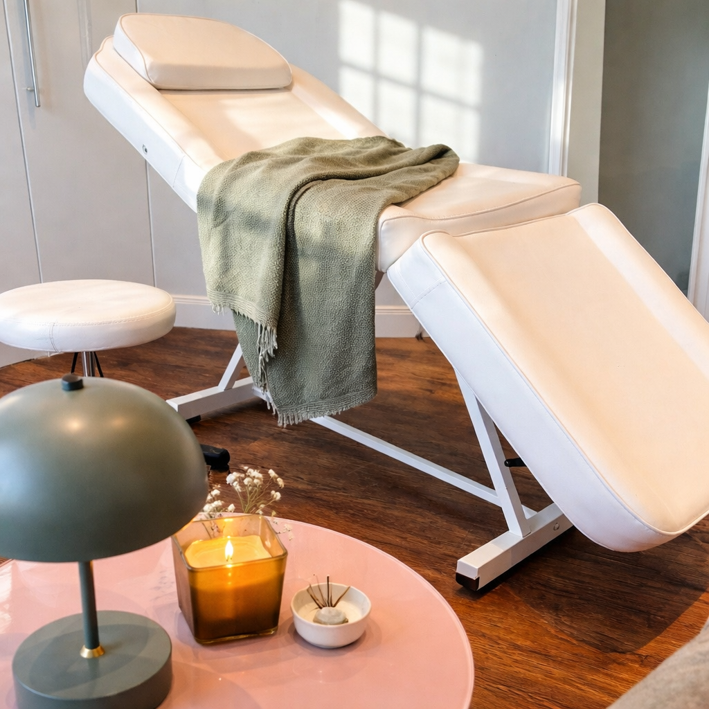 Massageliege mit Decke, Hocker und Tisch mit brennender Kerze und Lampe.