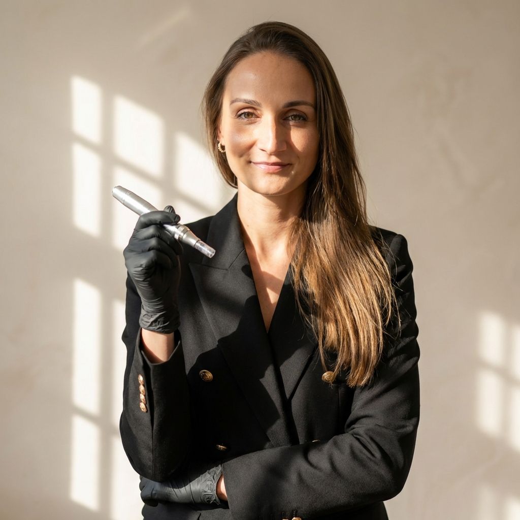 Eine Frau mit braunem Haar stützt ihre Hand an die Wange; sie trägt Armbänder und ein cremefarbenes Hemd.