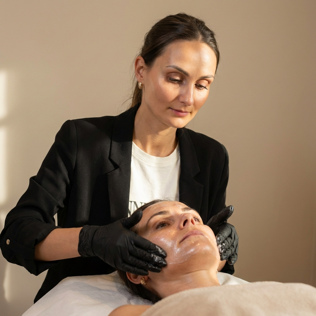 Eine Person, die in einem Spa eine Gesichtsbehandlung von einer Person mit schwarzen Handschuhen erhält.