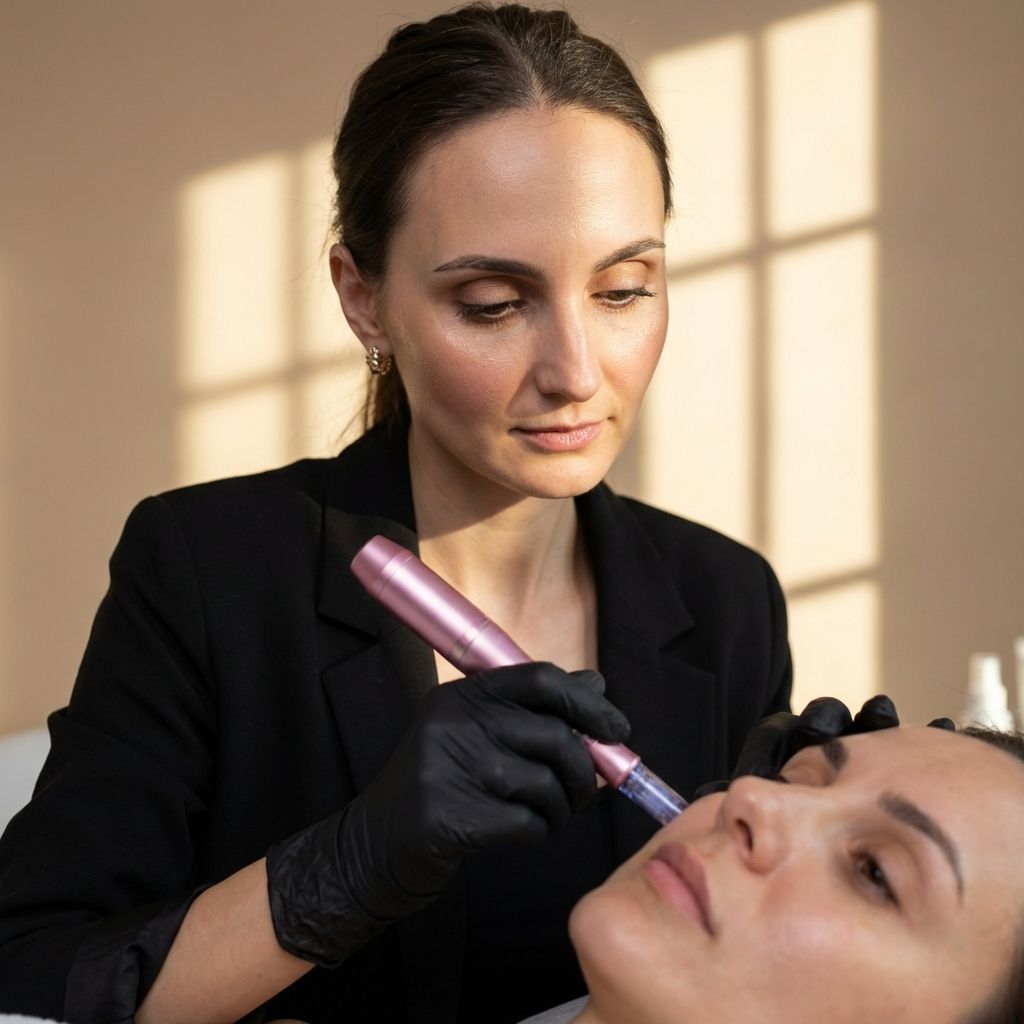 Eine Frau führt an einer anderen Frau eine Gesichts-Mikroneedling-Behandlung durch, beide in einem Schönheitssalon.