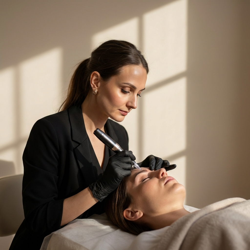 Frau führt eine kosmetische Behandlung an den Augenbrauen einer Kundin durch; Innenaufnahme, neutrale Farben.