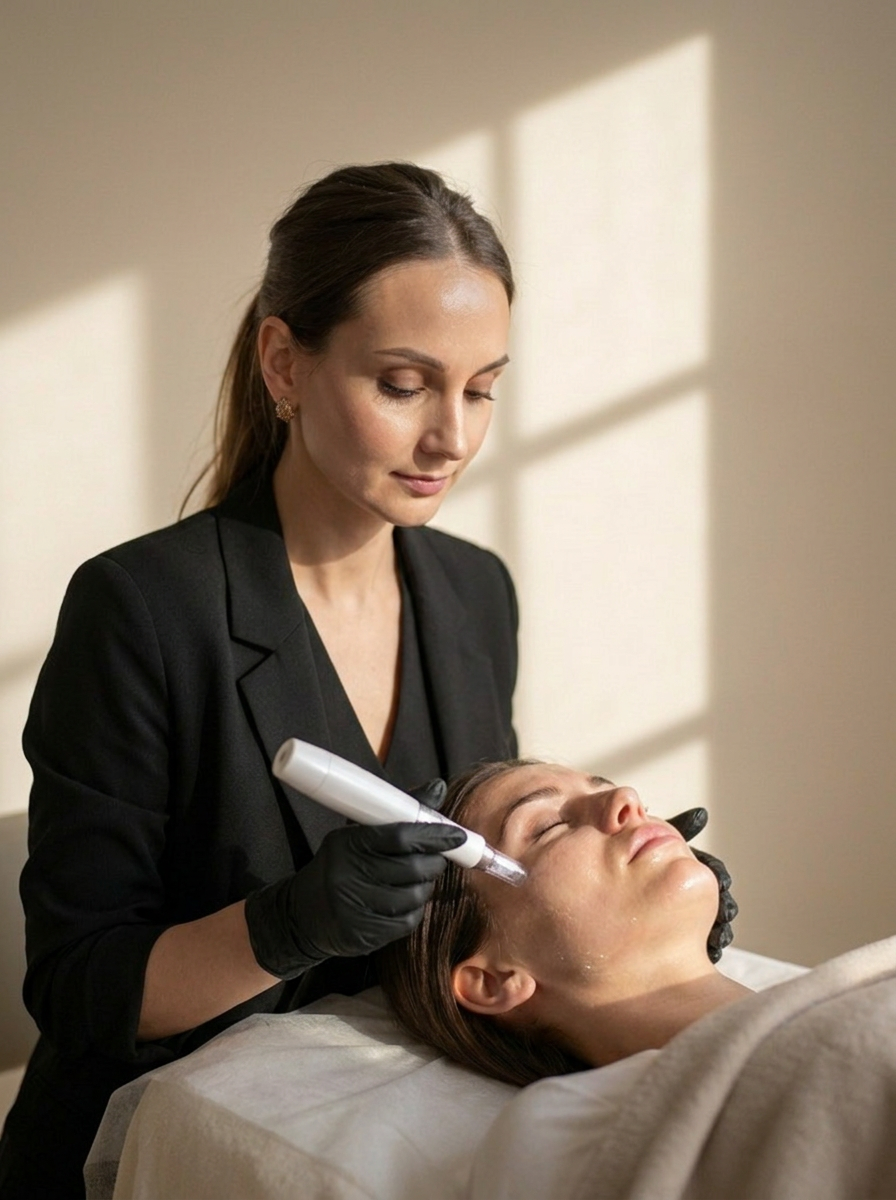 Eine Person, die in einem Spa eine Gesichtsbehandlung von einer Person mit schwarzen Handschuhen erhält.