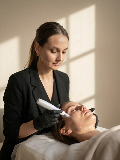 Eine Person, die in einem Spa eine Gesichtsbehandlung von einer Person mit schwarzen Handschuhen erhält.