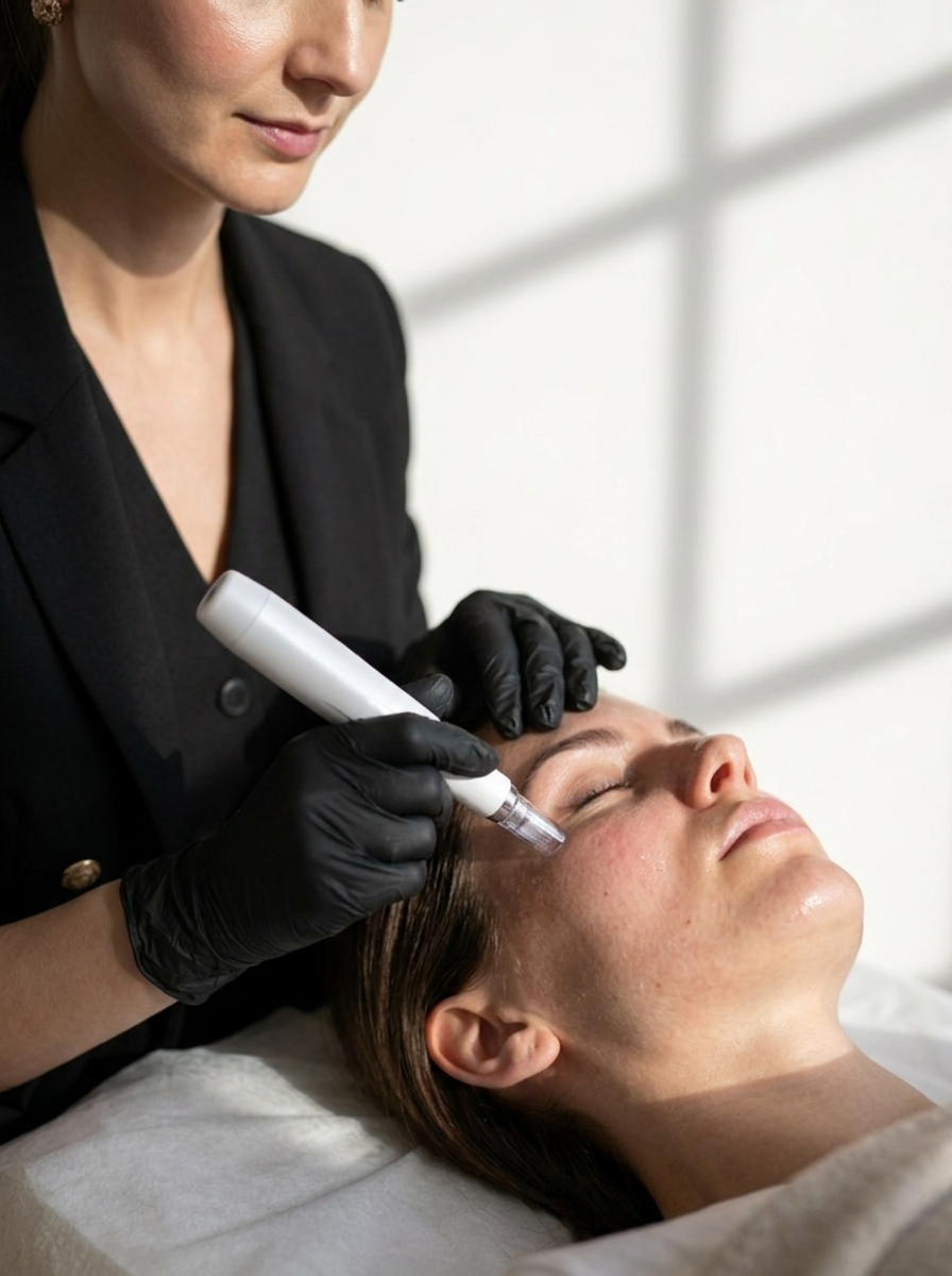 Frau führt eine kosmetische Behandlung an den Augenbrauen einer Kundin durch; Innenaufnahme, neutrale Farben.