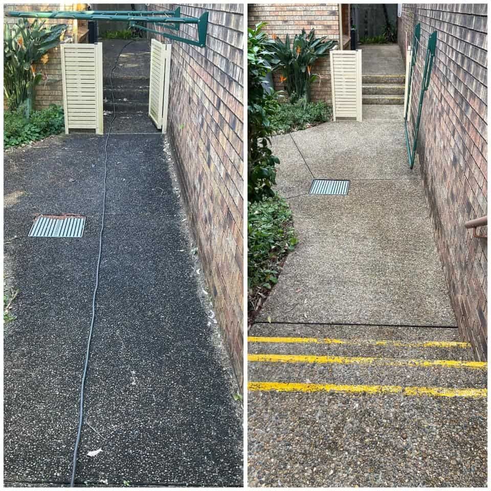 A Split-screen View Shows a Brick Walkway Before and After Pressure Washing — South Coast Pressure Washer in Albion Park, NSW