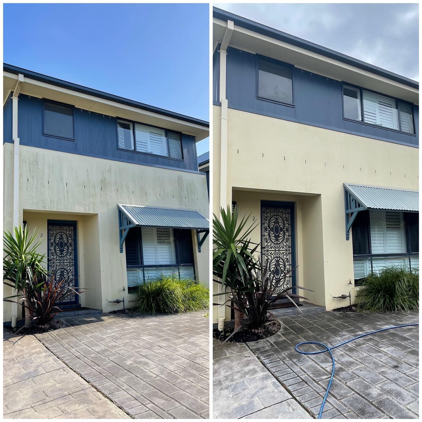 A side-by-side comparison of a two-story house showing exterior wall cleaning, with the left side dirty and the right clean — South Coast Pressure Washer in Kiama, NSW