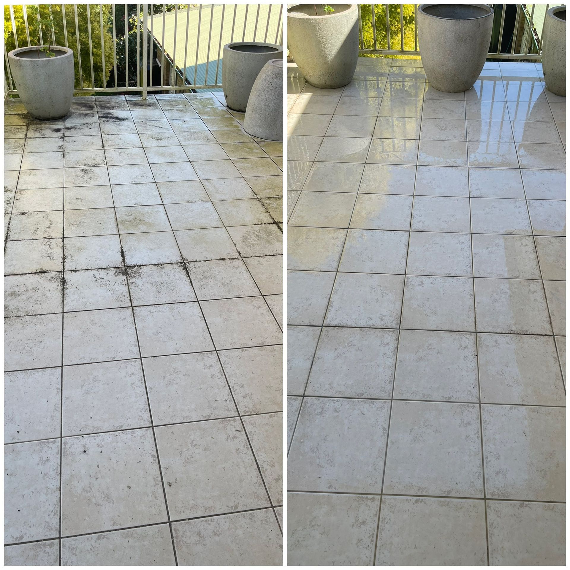 Before and after comparison of a light-colored tiled patio showing professional cleaning results — South Coast Pressure Washer in Albion Park, NSW