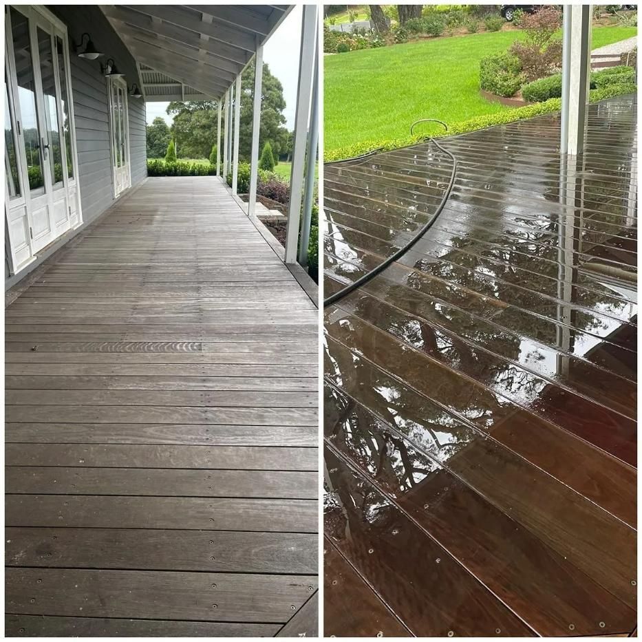 A Split-screen Comparison Showing a Weathered Wooden Deck — South Coast Pressure Washer in Warilla, NSW