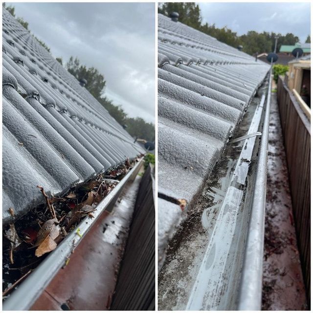Before and After View of a Residential Roof Gutter Being Cleared of Leaves — South Coast Pressure Washer in Warilla, NSW