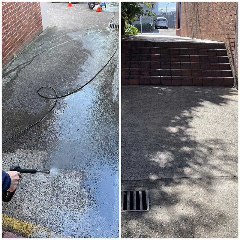 Split View: a Person Uses a Pressure Washer to Clean a Concrete Walkway — South Coast Pressure Washer in Warilla, NSW