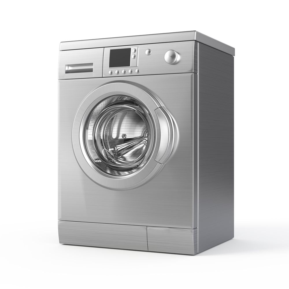 A stainless steel washing machine on a white background.