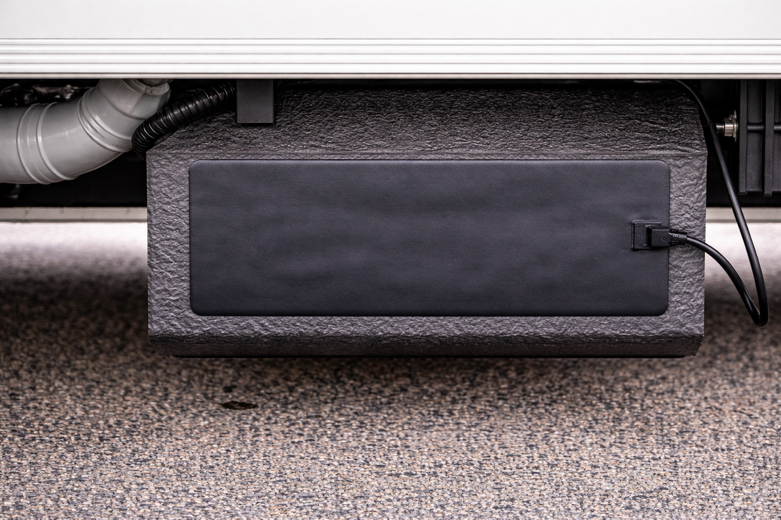 Black RV tank heater unit mounted under a vehicle