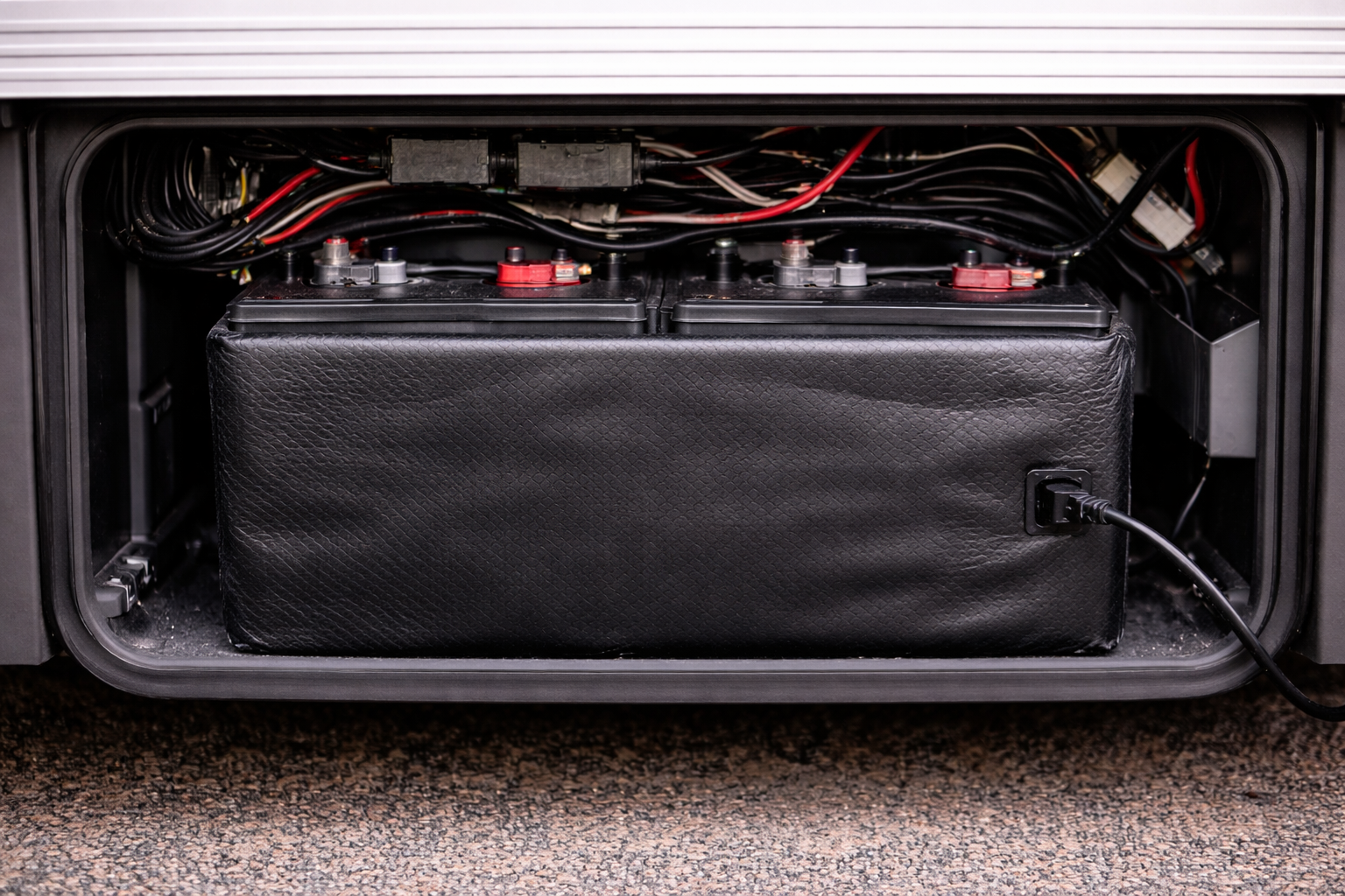 Two black-cased batteries with red and black terminals in a storage compartment with wiring above and a power cord.
