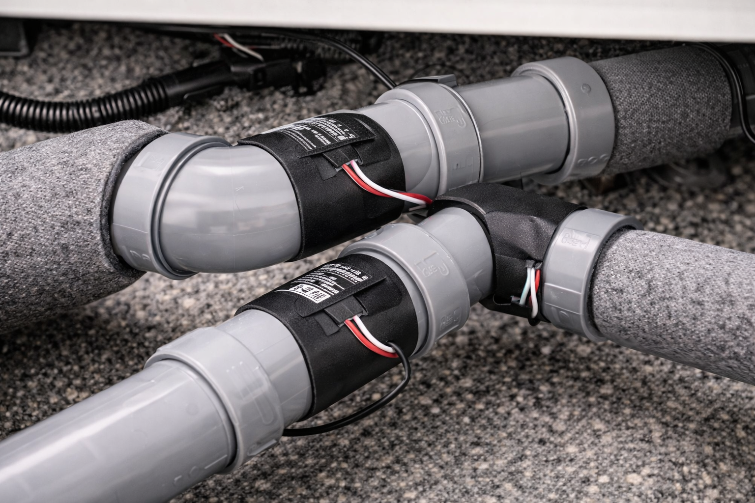 Gray PVC pipes with black heating elements and wires wrapped around joints, partially covered in foam insulation.