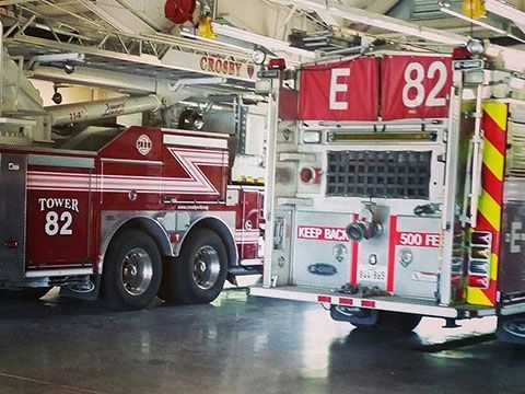 A red fire truck with the number 82 on it