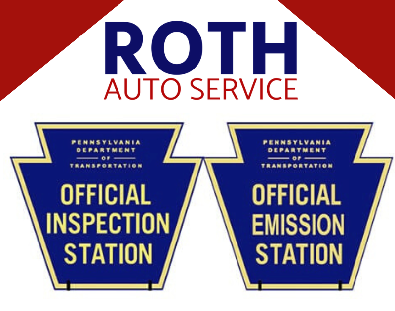 Roth Auto Service logo with Pennsylvania inspection and emission station signs.