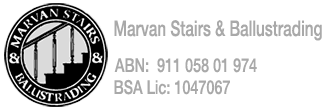 Logo for Marvan Stairs & Ballustrading, with a staircase and balustrade design. Text: ABN 911 058 01 974, BSA Lic: 1047067.