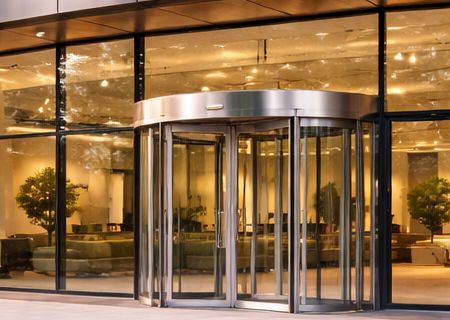 Yellow Hyundai forklift with driver, parked in front of a camper.