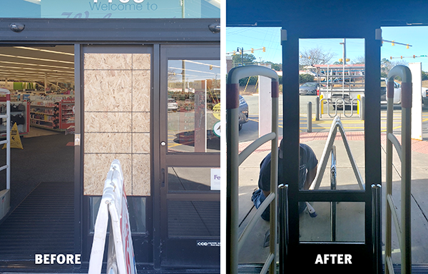 A split screen comparing a store entrance boarded with plywood before and after the glass was replaced.