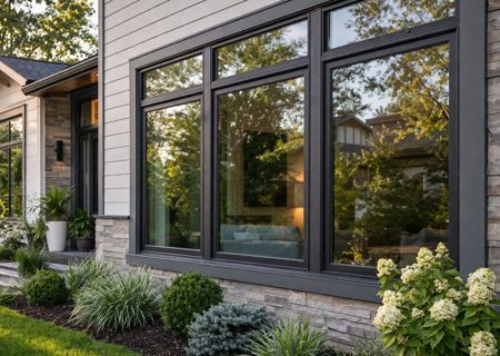 A modern house exterior with dark-framed windows, stone masonry, white horizontal siding, and landscaped front gardens.
