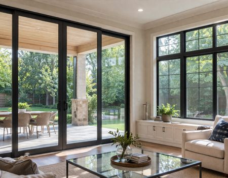 A bright living room features floor-to-ceiling black-framed glass doors and windows, a glass coffee table, and an armchair.