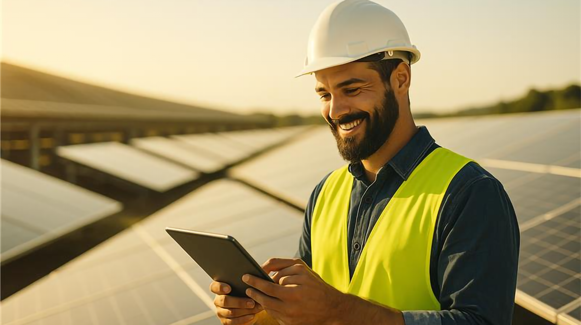 A man wearing a hard hat and safety vest is looking at a tablet.