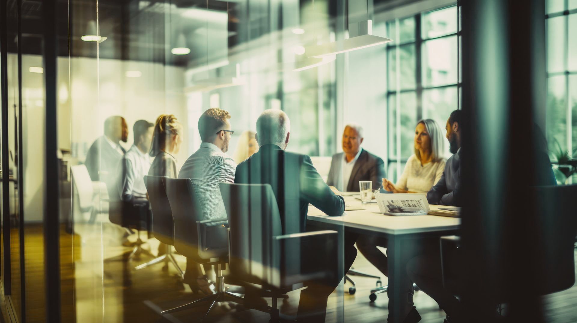 A group of business people are having a meeting in a conference room.