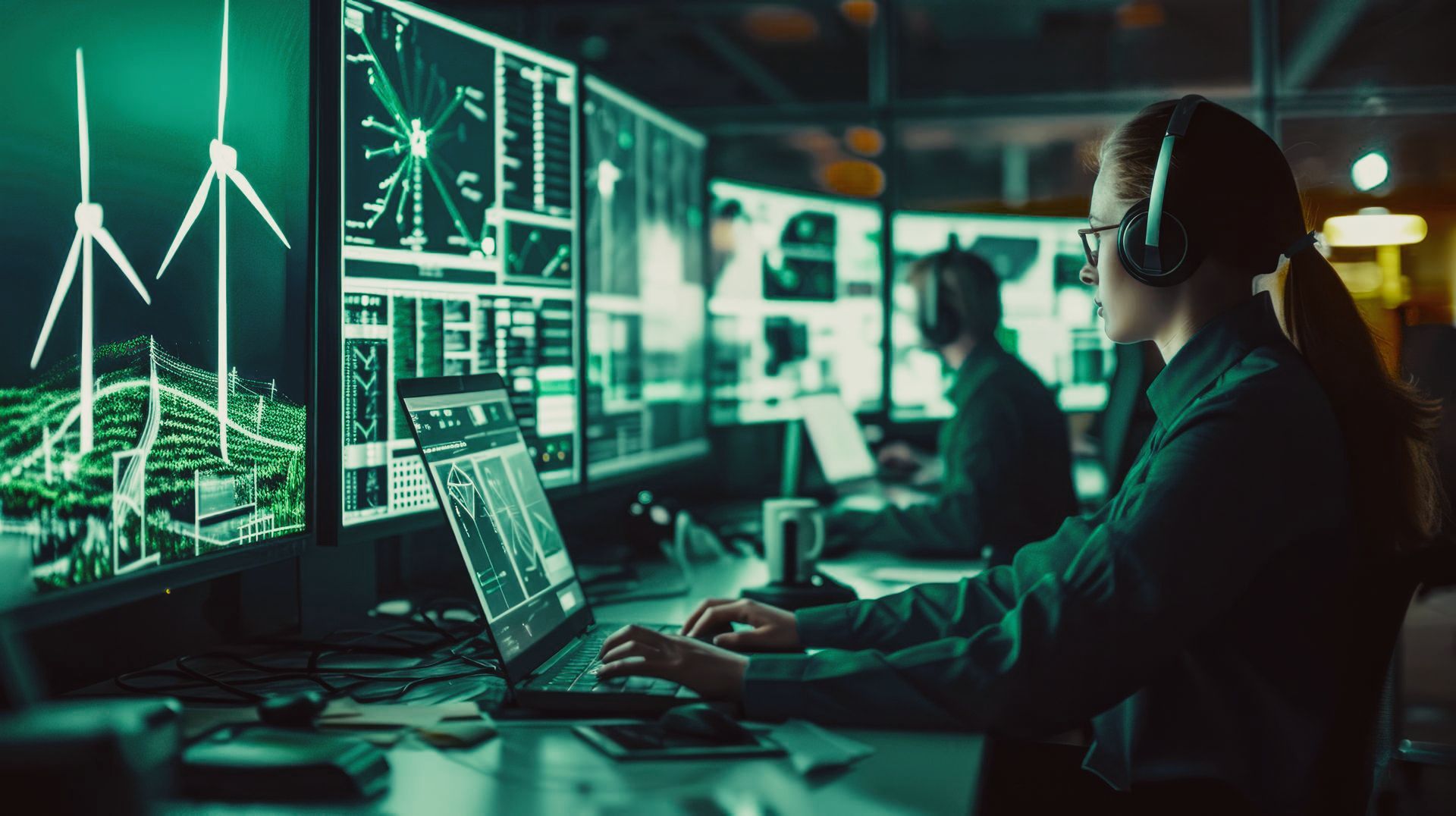 A woman is sitting at a desk in front of a computer monitor.