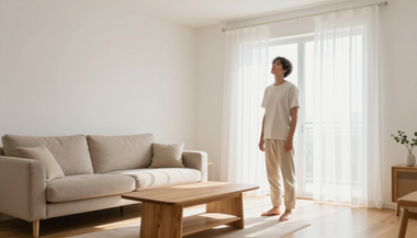 Person standing in a bright living room beside a beige sofa and wooden coffee table