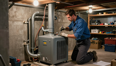 Technician kneeling beside a furnace in a basement, inspecting HVAC equipment and ductwork.
