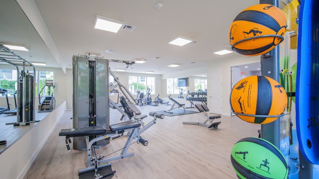 A gym with a lot of equipment and a lot of windows.