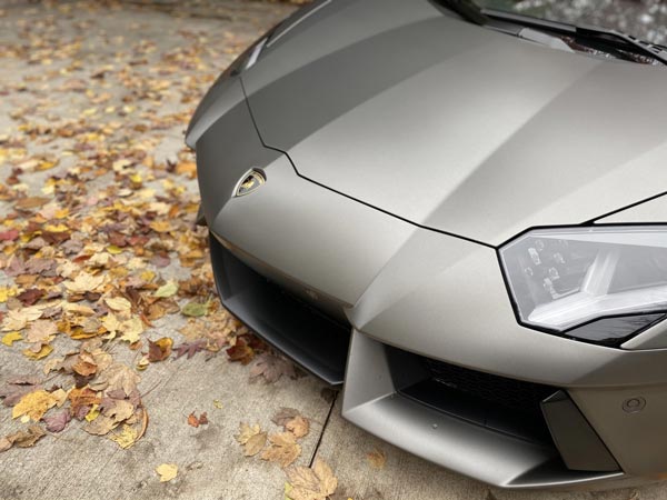 A silver sports car is parked on a sidewalk covered in leaves