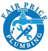 Blue circular Fair Price Plumbing logo with faucet and wrench icons